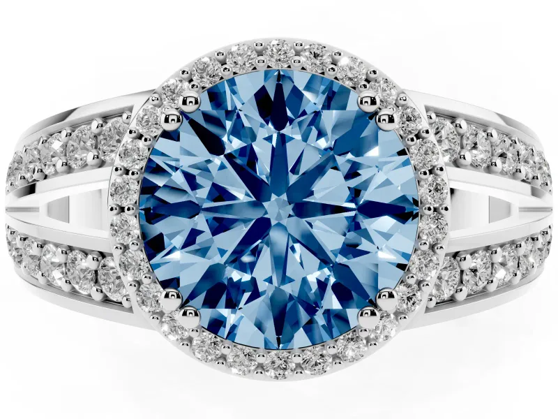 Round Halo Engagement Ring Setting for a Fancy Blue Lab-Grown Diamond | Two-Row Pave Split Shank | Sterling Silver