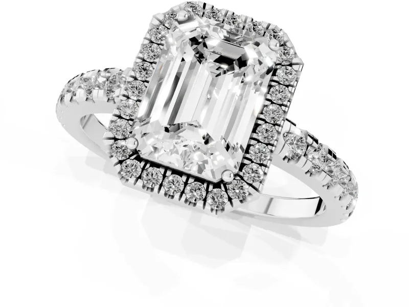 Emerald Cut Halo Engagement Ring Setting | Graduated Pavé Band | White Gold