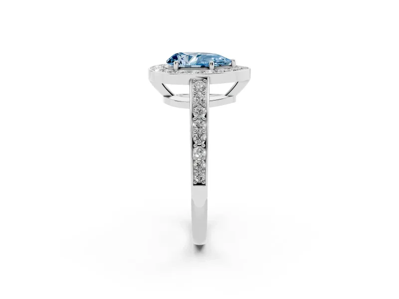Fancy Blue Pear Cut Diamond Halo Pavé Engagement Ring Set in White gold with Bezel Setting