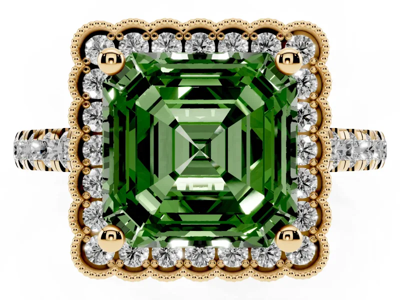 Asscher Cut Milgrain Floral Halo Engagement Ring Setting for a Fancy Green Lab-Grown Diamond | Pavé Band | Yellow Gold