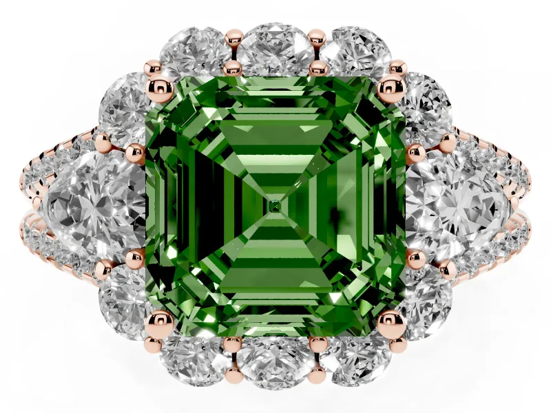 Fancy Green Asscher Cut Diamond Halo Split Shank Engagement Ring Set in Rose gold with Prong-Held Center Stone