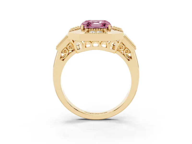 Asscher Cut Milgrain Sectioned Halo Engagement Ring Setting for a Fancy Pink Lab-Grown Diamond | Yellow Gold