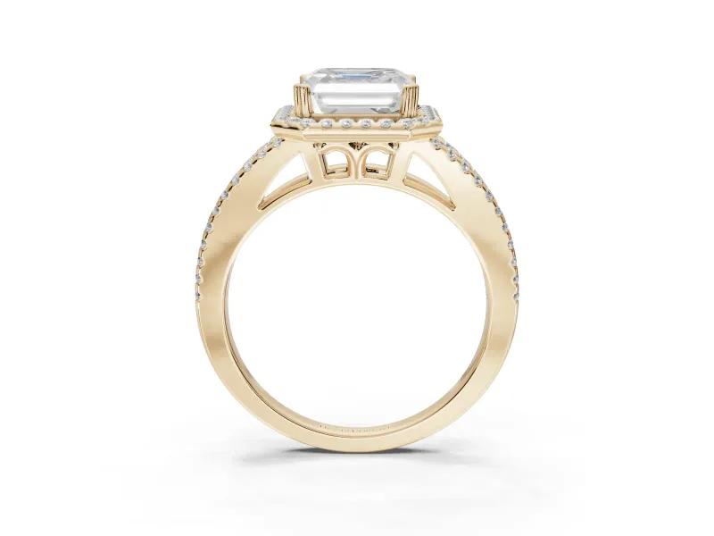 Asscher Cut Halo Split Shank Engagement Ring Setting | Pavé Shoulders | Yellow Gold