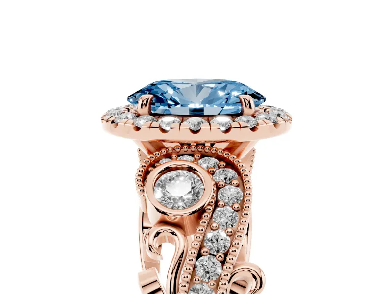 Fancy Blue Oval Cut Diamond Halo Ring Set in Rose gold with Milgrain Pavé Band and Prong Setting