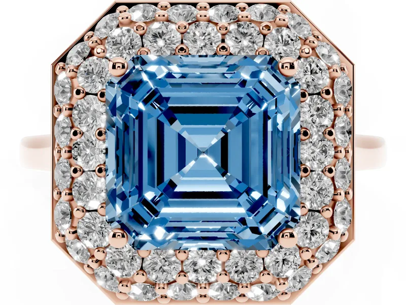 Fancy Blue Asscher Cut Diamond Halo Engagement Ring Set in Rose gold with Solitaire Band and Prong Setting
