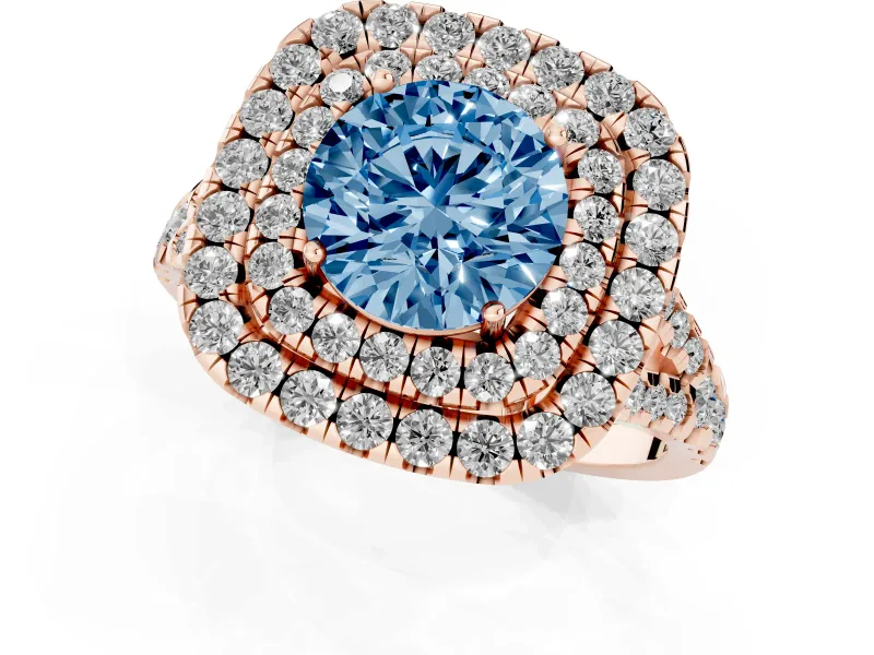 Round Halo Split Shank Engagement Ring Setting for a Fancy Blue Lab-Grown Diamond | Pavé Strands | Rose Gold