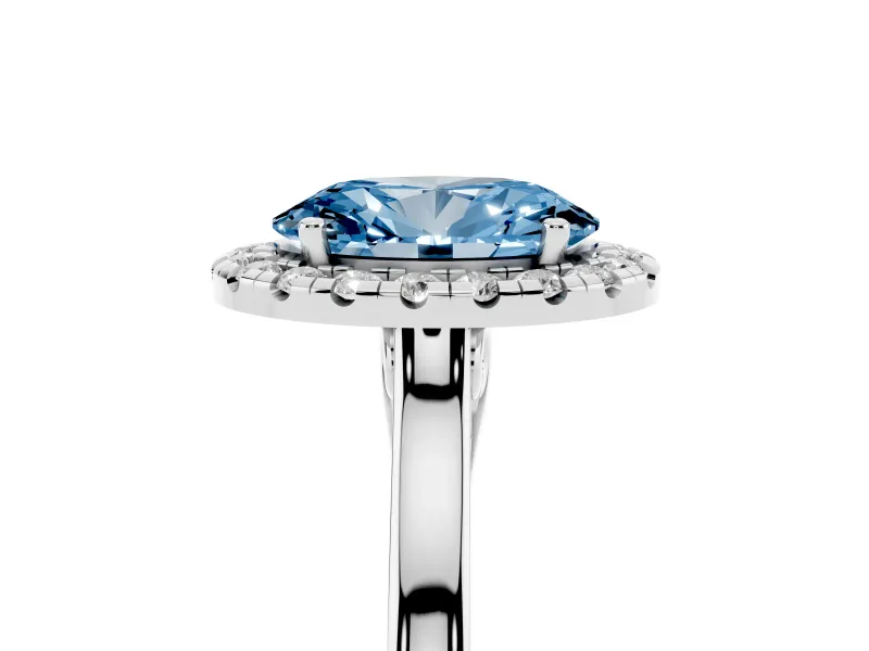 Fancy Blue Oval Cut Halo Round Diamond Solitaire Ring Set in White gold with Pavé Band and Prong Setting