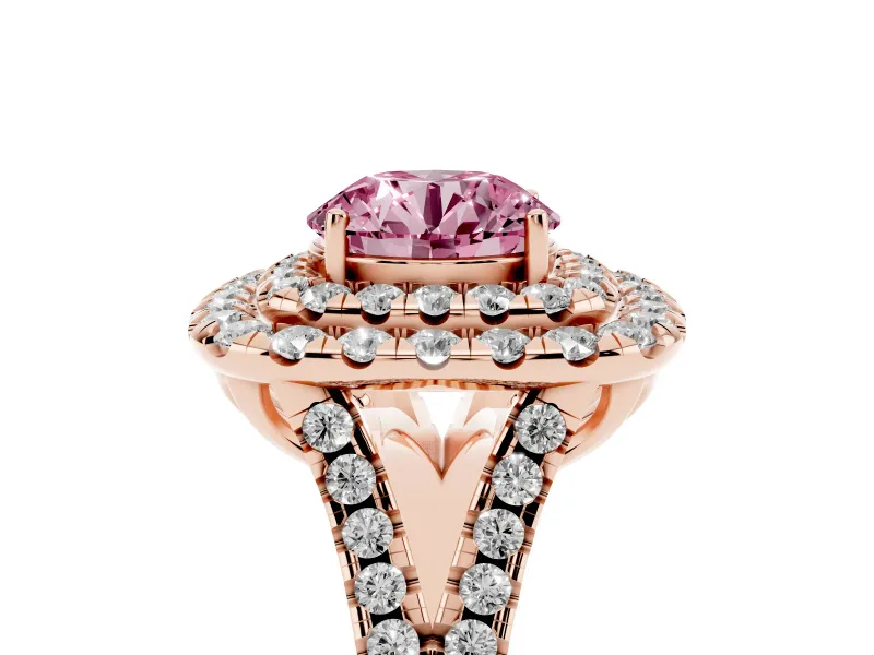 Round Halo Split Shank Engagement Ring Setting for a Fancy Pink Lab-Grown Diamond | Pavé Strands | Rose Gold