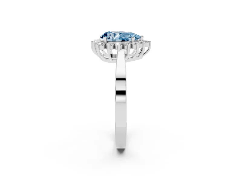 Fancy Blue Pear Cut Diamond Halo Ring Set in Silver with Round Halo and Smooth Solitaire Band