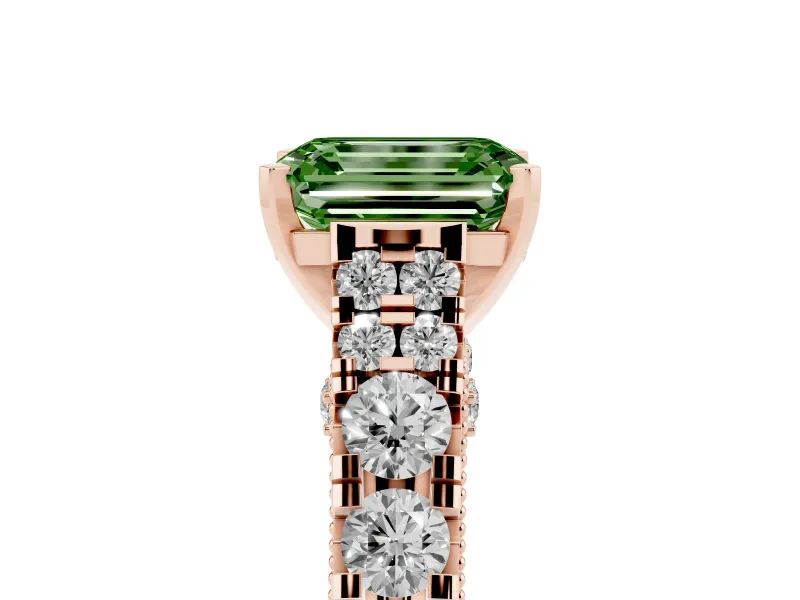 Emerald Cut Graduated Cathedral Engagement Ring Setting for a Fancy Green Lab-Grown Diamond | Side Stones | Rose Gold