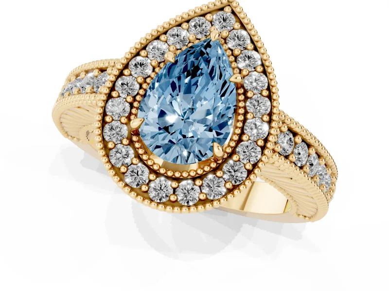 Fancy Blue Pear Cut Diamond Halo Ring Set in Yellow gold with Round Accent Halo, Pavé Band and Prong Setting