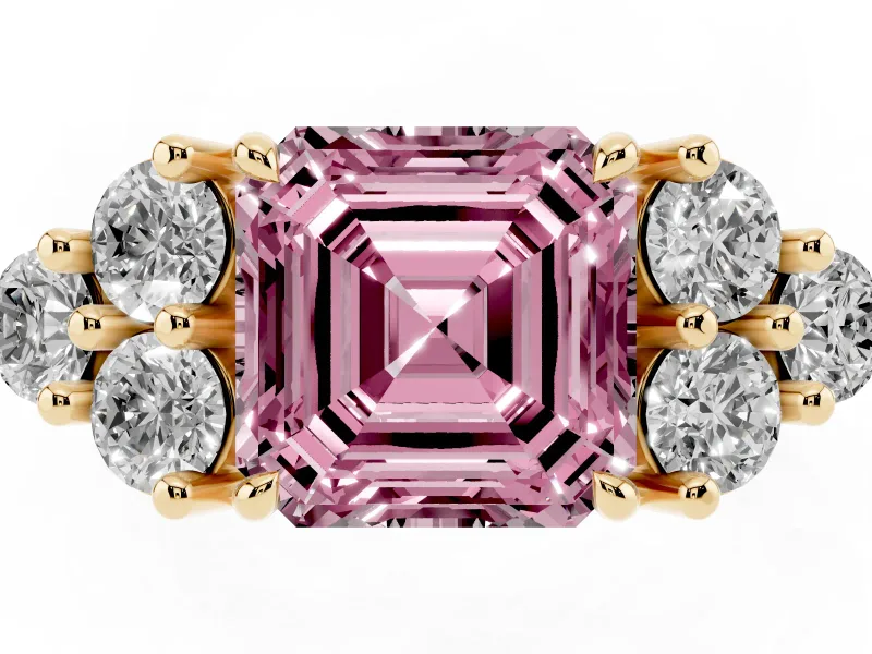 Fancy Pink Asscher Cut Diamond Solitaire Ring Set in Yellow gold with Cluster Accents on Each Side