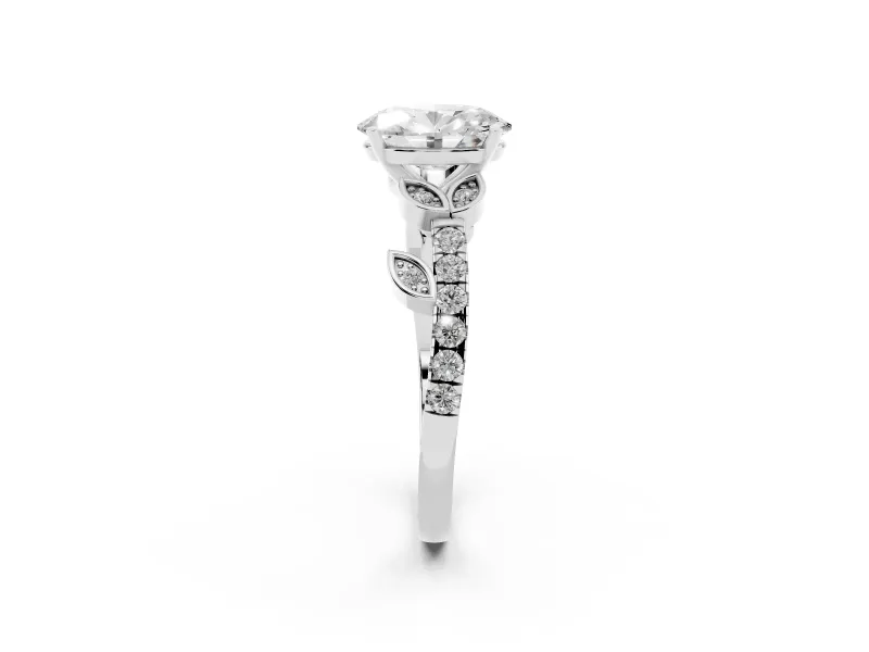 Oval Cut Diamond Solitaire Leaf-Inspired Ring Set in Silver with Pavé Band and Prong Setting