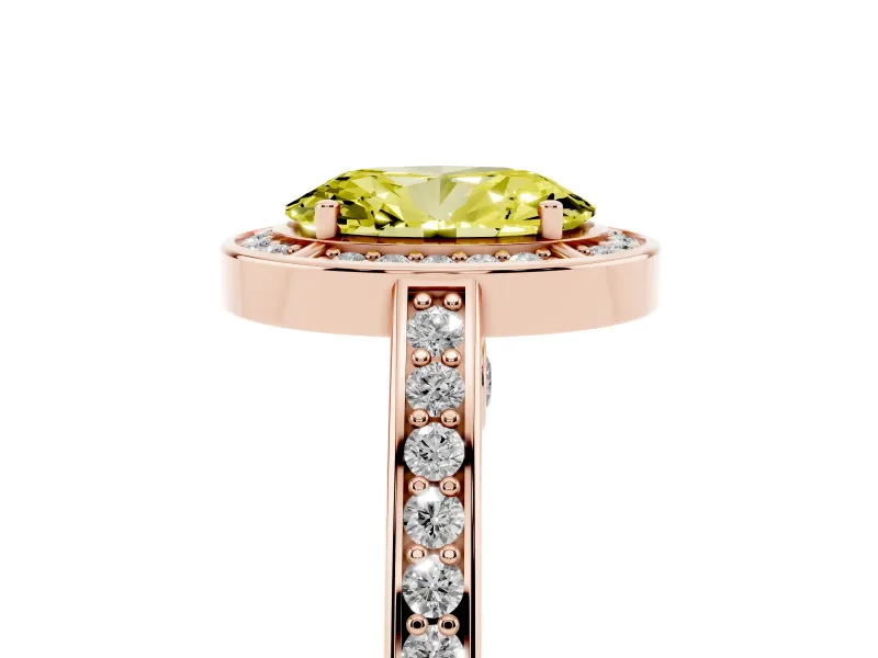 Fancy Yellow Oval Cut Diamond Halo Pavé Split Shank Ring Set in Rose gold with Prong Setting