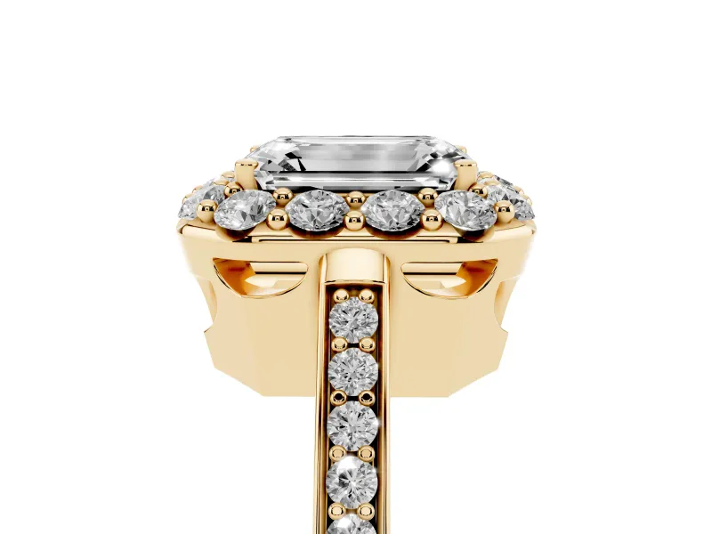 Emerald Cut Diamond Floral Halo Ring Set in Yellow gold with Pavé Band and Prong Setting