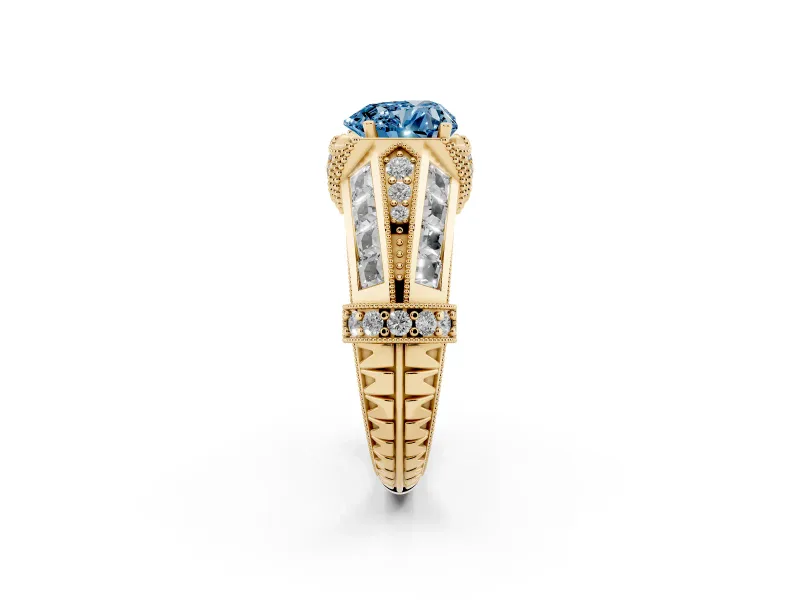 Fancy Blue Heart Cut Diamond Vintage-Inspired Milgrain Ring Set in Yellow gold with Accent Split Shank
