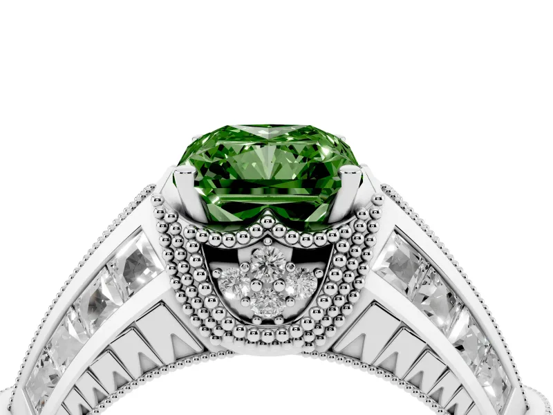 Fancy Green Radiant Cut Diamond Vintage-Inspired Milgrain Ring Set in Platinum with Accent Split Shank