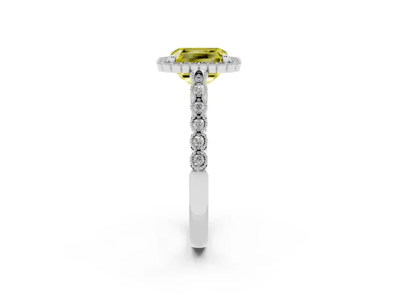 Radiant Cut Milgrain Halo Engagement Ring Setting for a Fancy Yellow Lab-Grown Diamond | Beaded Shoulders | White Gold