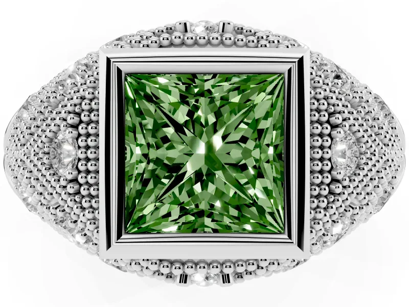 Fancy Green Princess Cut Diamond Bezel Ring Set in Platinum with Milgrain Accent Band