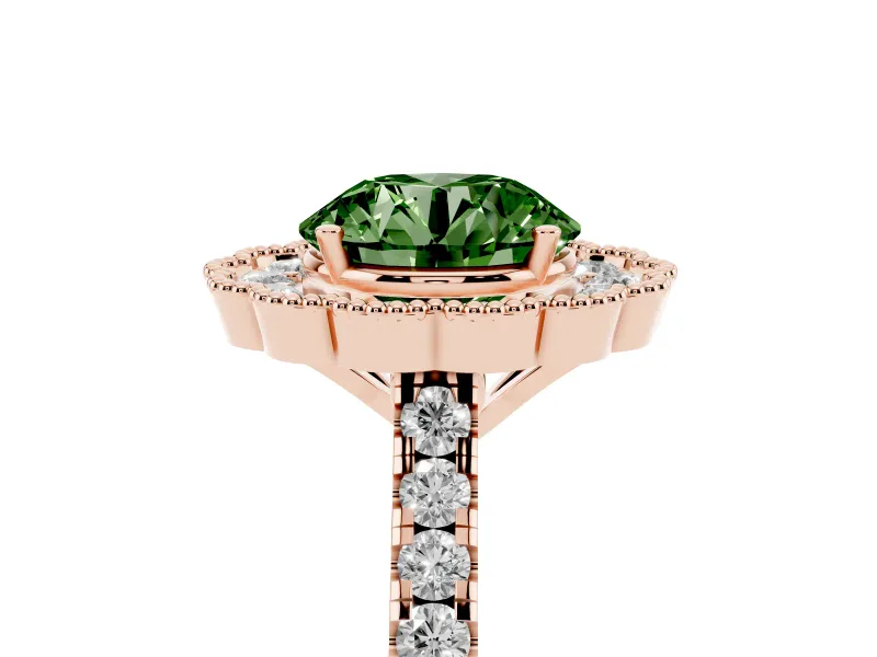 Fancy Green Round Cut Diamond Milgrain Floral Halo Engagement Ring Set in Rose gold with Pavé Band