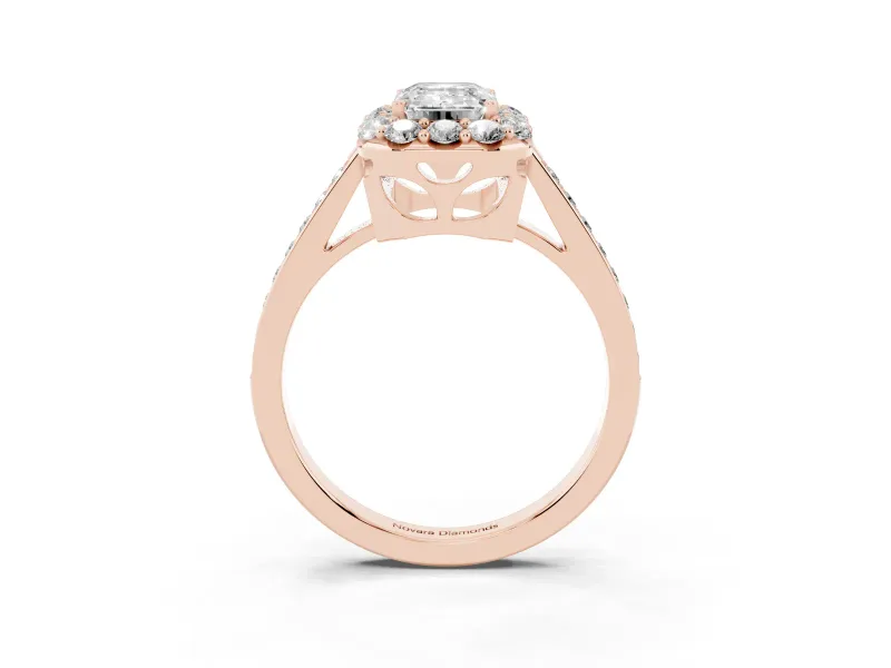 Emerald Cut Floral Halo Engagement Ring Setting | Large Round Accents | Rose Gold