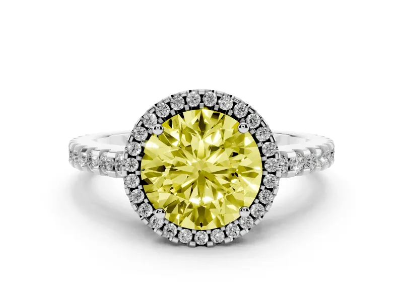 Fancy Yellow Round Cut Diamond Halo Ring Set in Platinum with Pavé Shoulders and Halo-Framed Center