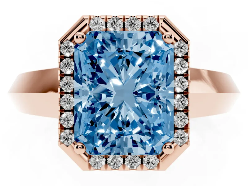 Fancy Blue Radiant Cut Diamond Halo Ring Set in Rose gold with Cathedral Band and Prong Setting