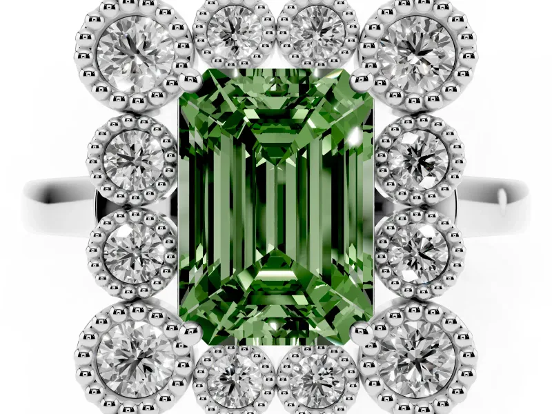 Emerald Cut Milgrain Cluster Halo Engagement Ring Setting for a Fancy Green Lab-Grown Diamond | Plain Band | White Gold