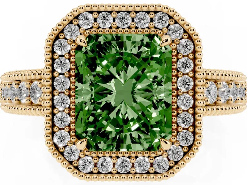 Fancy Green Radiant Cut Diamond Halo Ring Set in Yellow gold with Round Accent Halo, Pavé Band and Prong Setting