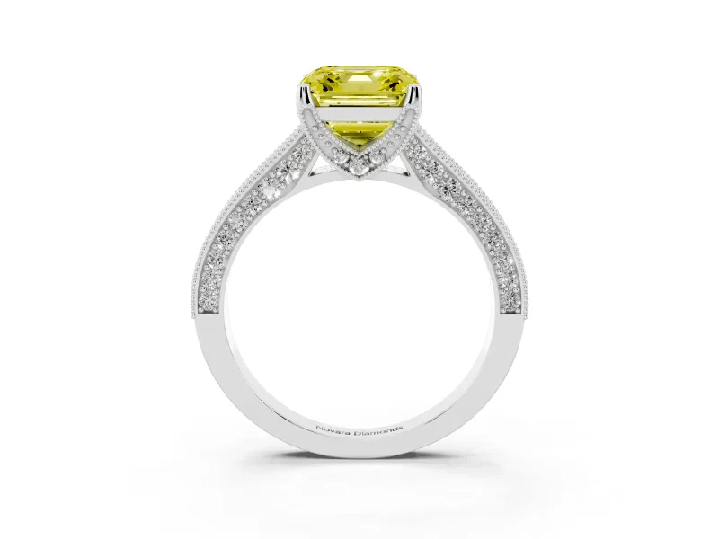 Asscher Cut Hidden Halo Engagement Ring Setting for a Fancy Yellow Lab-Grown Diamond | Milgrain Pave | White Gold