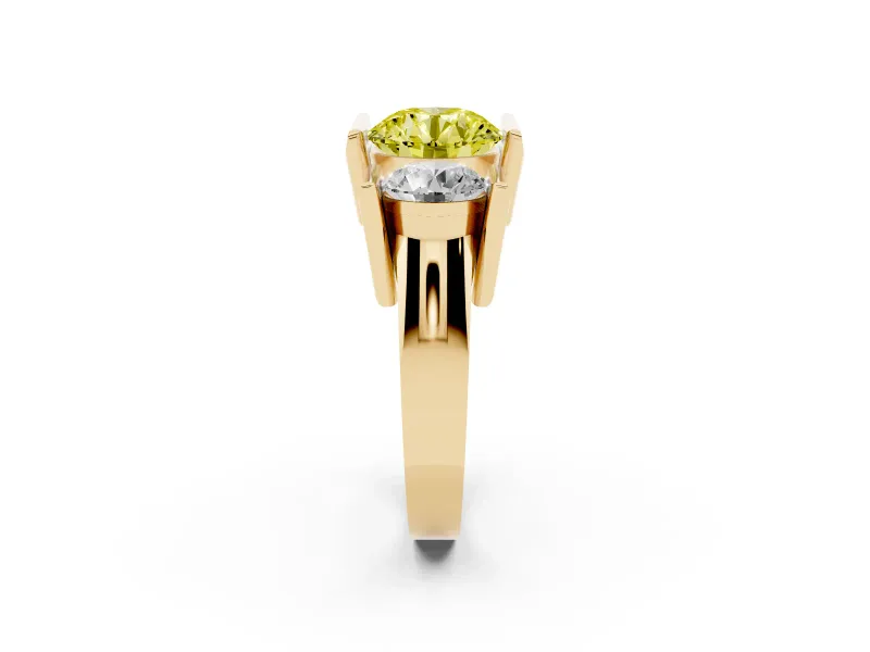 Fancy Yellow Round Cut Diamond Three-Stone Channel Set Ring Set in Yellow gold with Smooth Polished Band