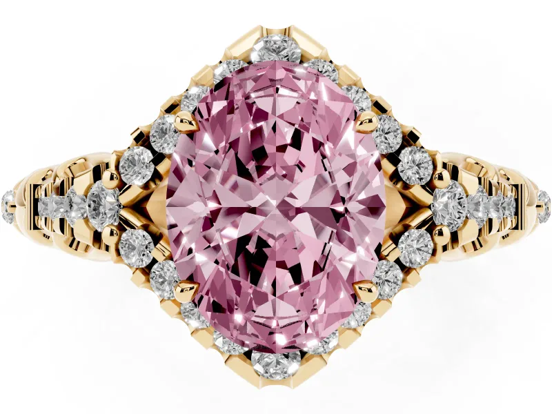 Oval Hidden Halo Filigree Engagement Ring Setting for a Fancy Pink Lab-Grown Diamond | Yellow Gold