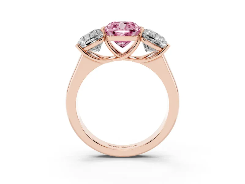 Cushion Cut Three Stone Engagement Ring Setting for a Fancy Pink Lab-Grown Diamond | Basket Prong Heads | Rose Gold