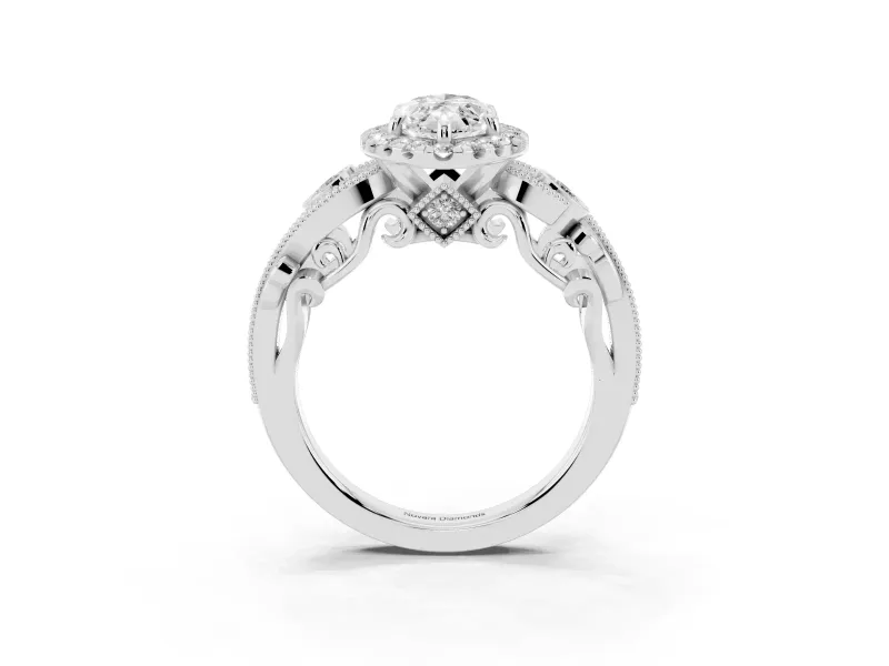 Marquise Vintage Milgrain Halo Engagement Ring Setting | Bezel Shoulder Accents | White Gold