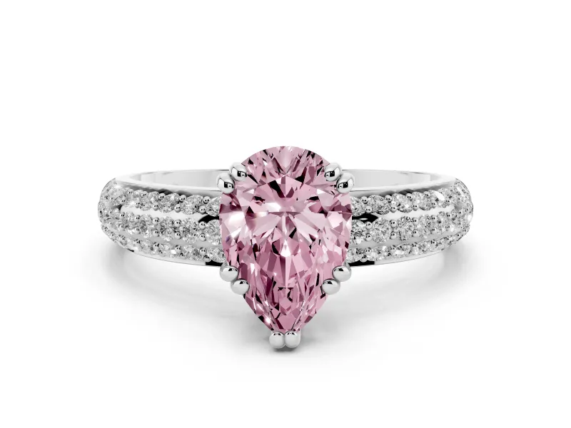 Fancy Pink Pear Cut Diamond Solitaire Ring Set in Silver with Multi-Row Round Pavé Band and Prong Setting