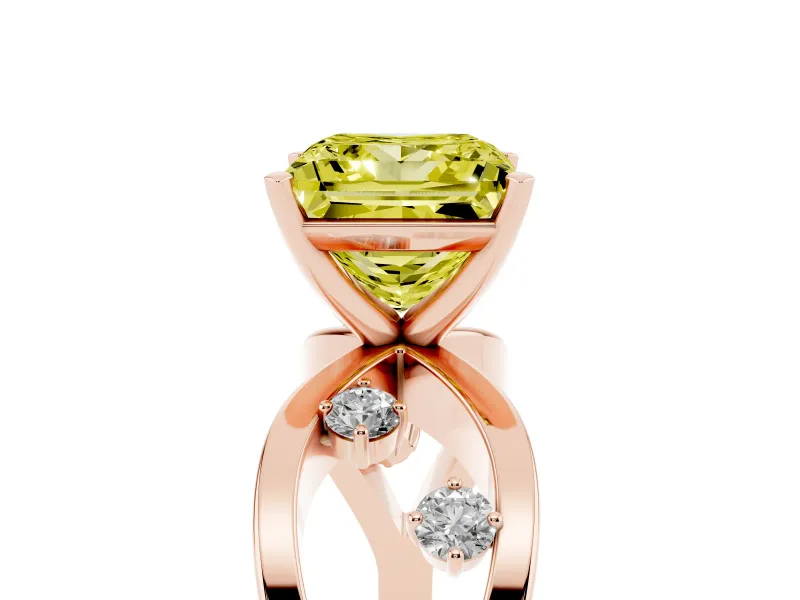Fancy Yellow Princess Cut Diamond Solitaire Ring Set in Rose gold with Side Stones on Criss-Cross Band and Prong Setting