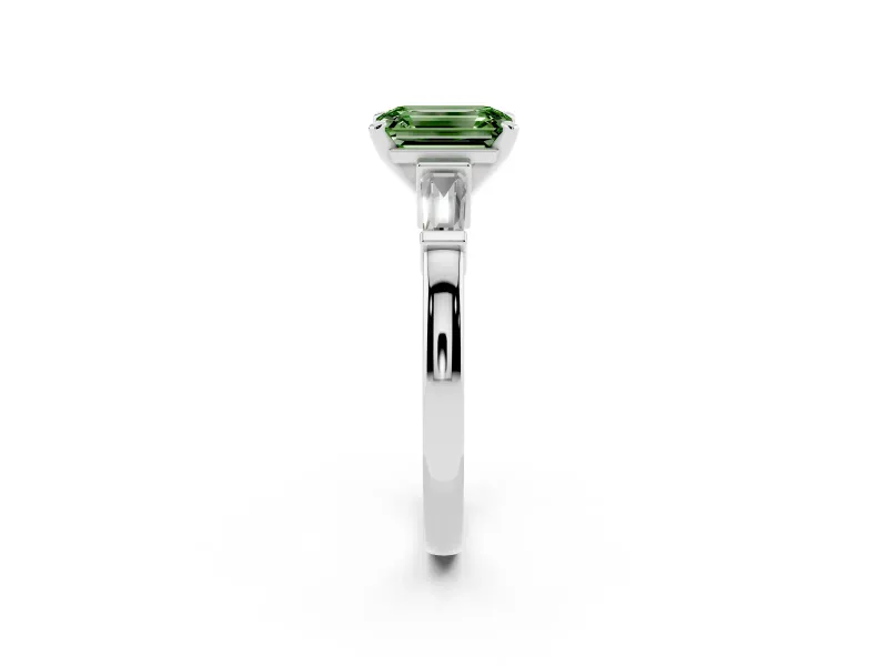 Fancy Green Emerald Cut Diamond Solitaire Ring Set in Platinum with Tapered Baguette Accents and Prong Setting