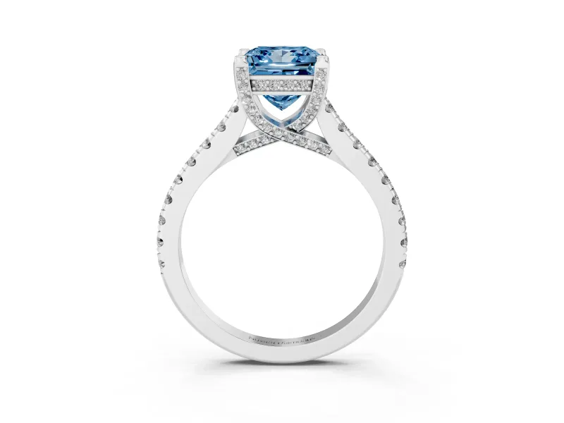 Princess Cut Hidden Halo Pave Engagement Ring Setting for a Fancy Blue Lab-Grown Diamond | Claw Prongs | Platinum