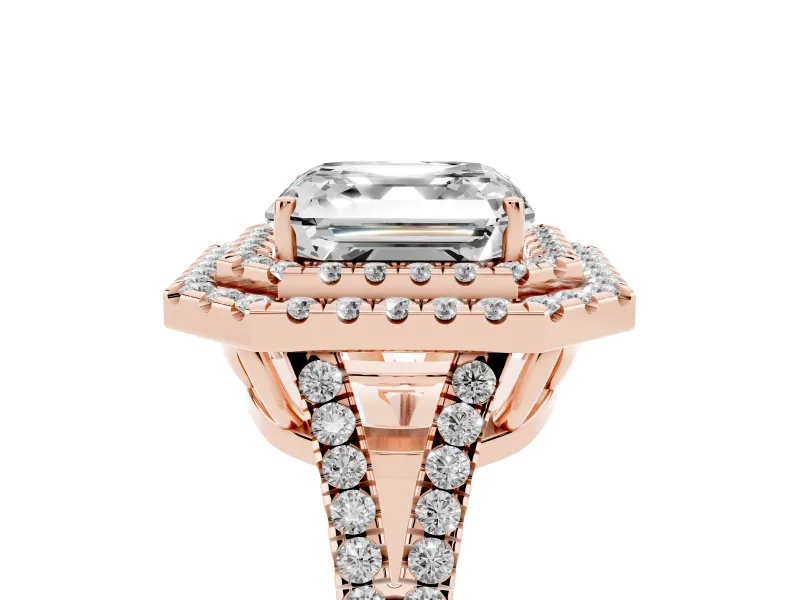 Asscher Cut Double Halo Split Shank Engagement Ring Setting | Pavé Shoulders | Rose Gold