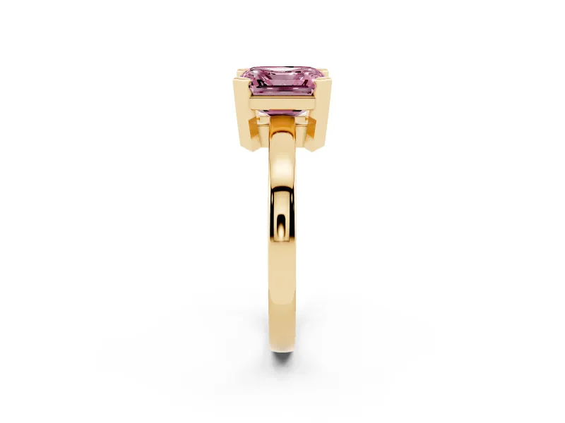 Fancy Pink Asscher Cut Diamond Solitaire Ring Set in Yellow gold with Prong Head and Smooth Polished Band