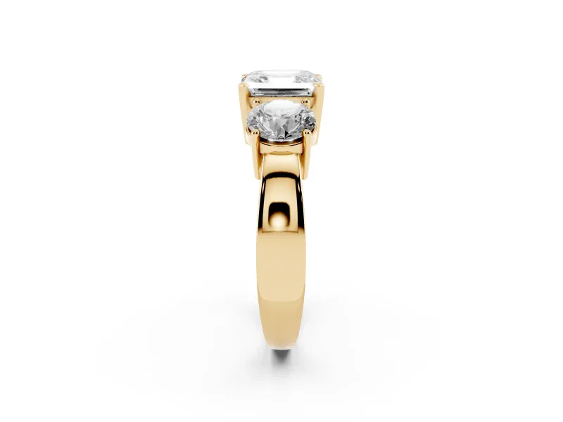 Asscher Cut Diamond Three-Stone Ring Set in Yellow gold with Round Side Stones and Classic Band