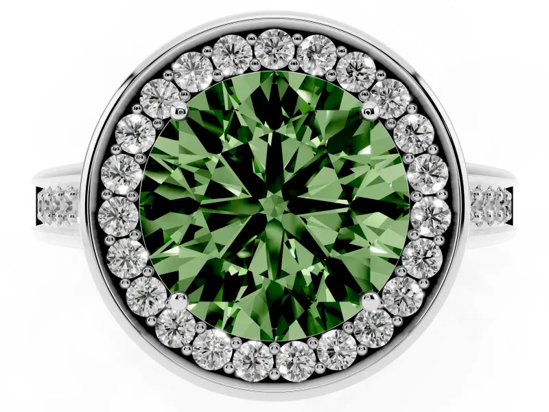 Fancy Green Round Cut Diamond Halo Solitaire Ring Set in White gold with Pavé Band and Bezel Setting