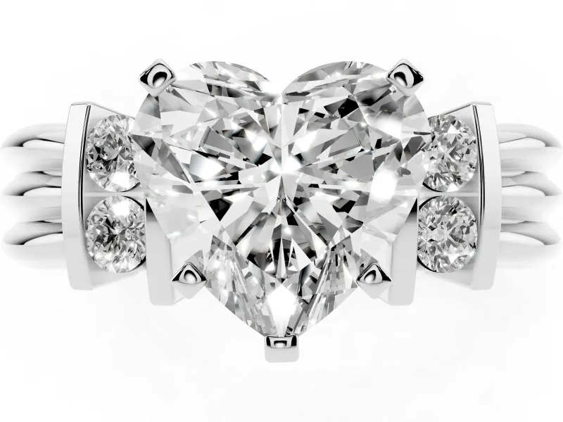 Three-Stone Heart Cut Diamond Channel Set Ring Set in Silver with Bar Prongs