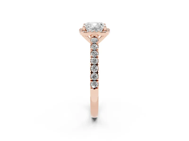 Cushion Cut Diamond Halo Engagement Ring Set in Rose gold with Pavé Band and Prong Setting