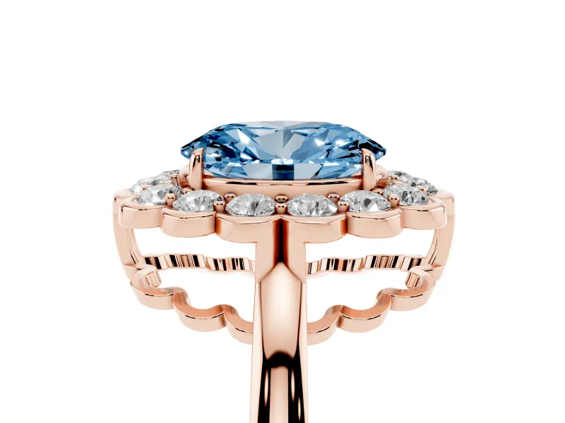 Oval Scalloped Cluster Halo Engagement Ring Setting for a Fancy Blue Lab-Grown Diamond | Plain Band | Rose Gold