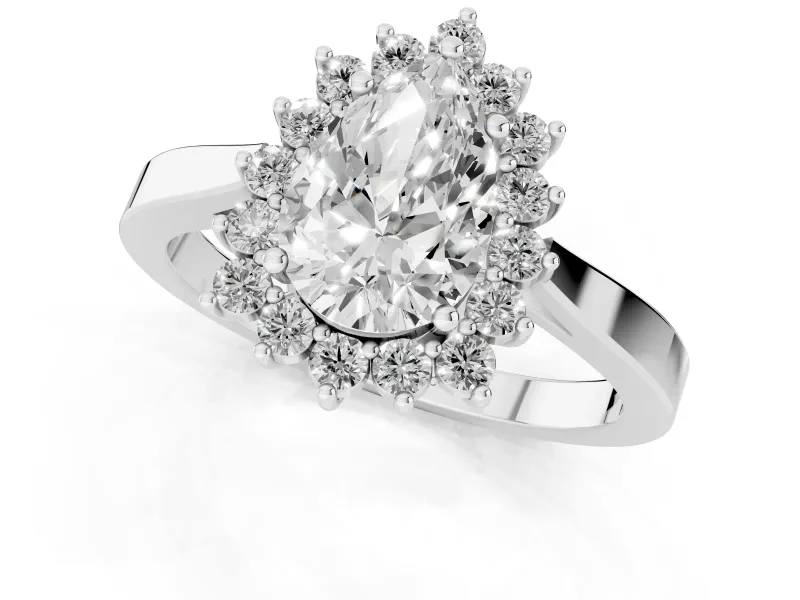 Pear Cut Diamond Halo Ring Set in Platinum with Round Halo and Smooth Solitaire Band