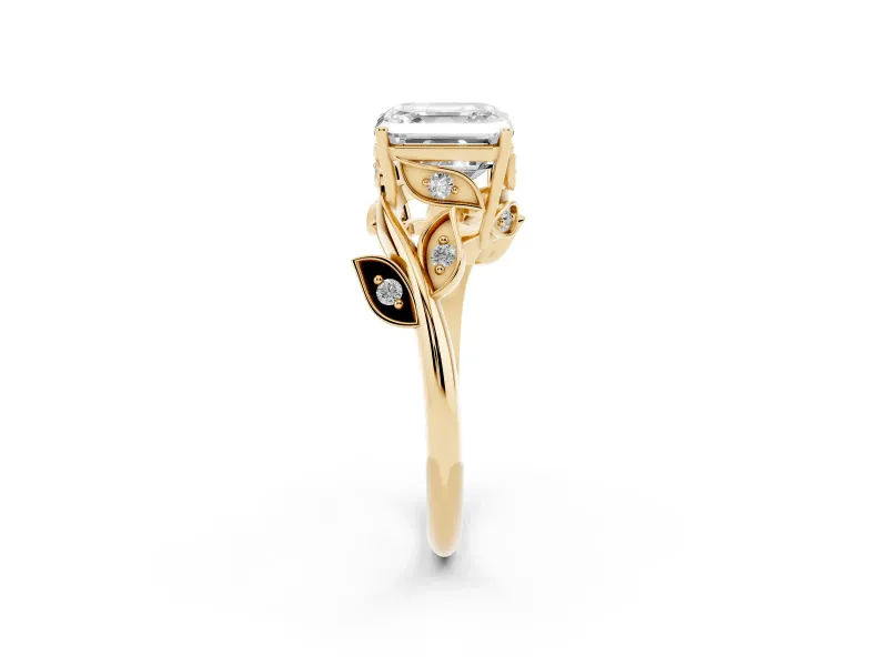 Asscher Cut Twisted Bypass Engagement Ring Setting | Accented Leaves | Yellow Gold