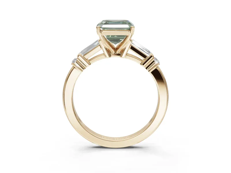 Asscher Cut Tapered Baguette Engagement Ring Setting for a Fancy Green Lab-Grown Diamond | Bar Set Sides | Yellow Gold