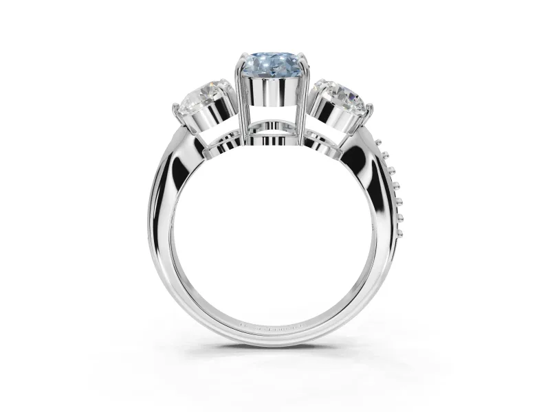 Oval Three Stone Engagement Ring Setting for a Fancy Blue Lab-Grown Diamond | Tapered Pave Band | Platinum