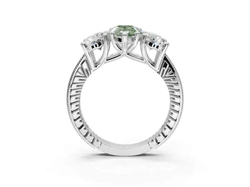 Pear-Shaped Vintage Three Stone Engagement Ring Setting for a Fancy Green Lab-Grown Diamond | Graduated Pavé | Platinum